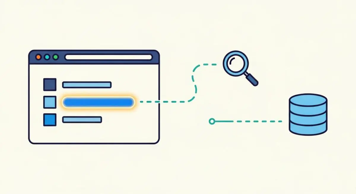 Illustration showing a webpage interface with a glowing element connecting to a magnifying glass and a database, symbolizing referral traffic acquisition.