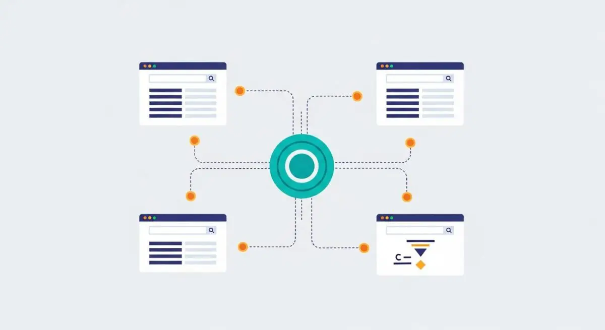 Central hub connecting multiple browser windows, illustrating seamless Refund Automation.