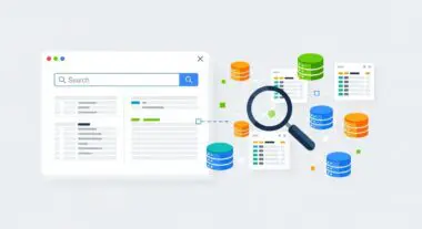 A search interface with a magnifying glass hovering over database icons, illustrating Relevanssi search functionality.