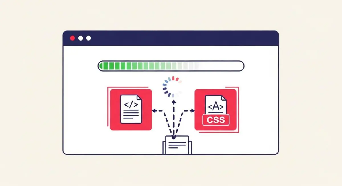 Illustration showing JavaScript and CSS files causing loading delays, representing render-blocking resources.