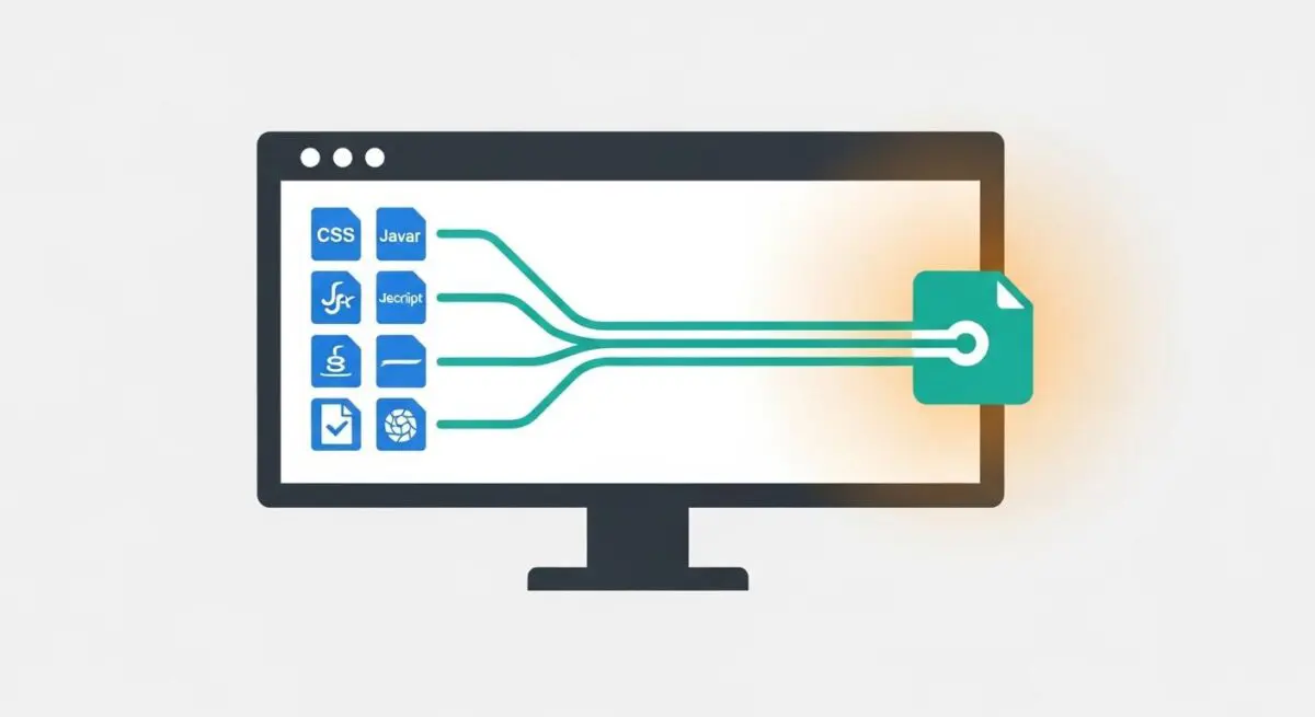 Illustration showing multiple files like CSS and Javascript converging into a single output file, representing resource bundling.