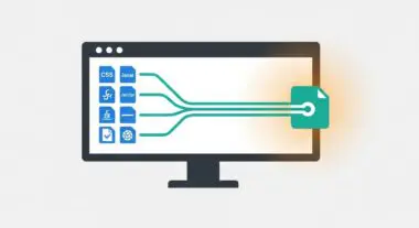Illustration showing multiple files like CSS and Javascript converging into a single output file, representing resource bundling.
