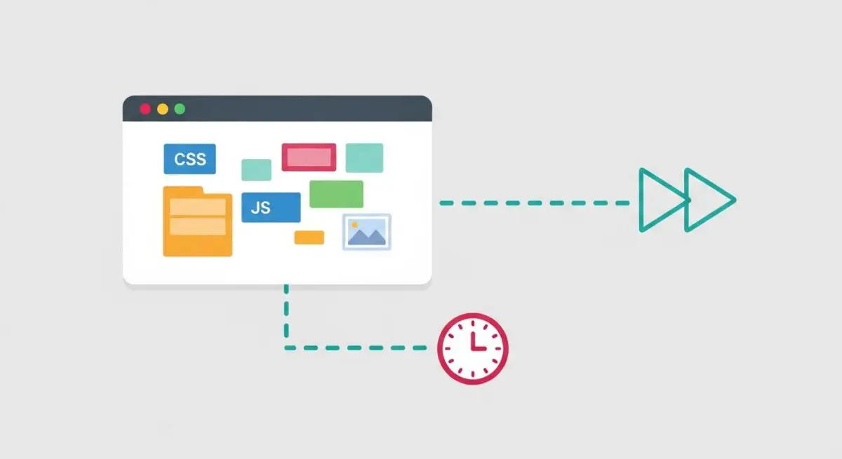 Website assets like CSS, JS, and images shown in a browser window, connected to a fast-forward icon and a clock, illustrating Resource Hints.