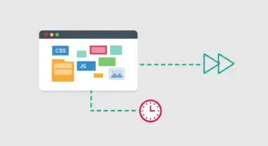 Website assets like CSS, JS, and images shown in a browser window, connected to a fast-forward icon and a clock, illustrating Resource Hints.