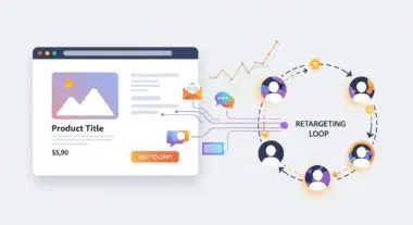 Illustration of a product page connected to a retargeting loop showing user engagement.