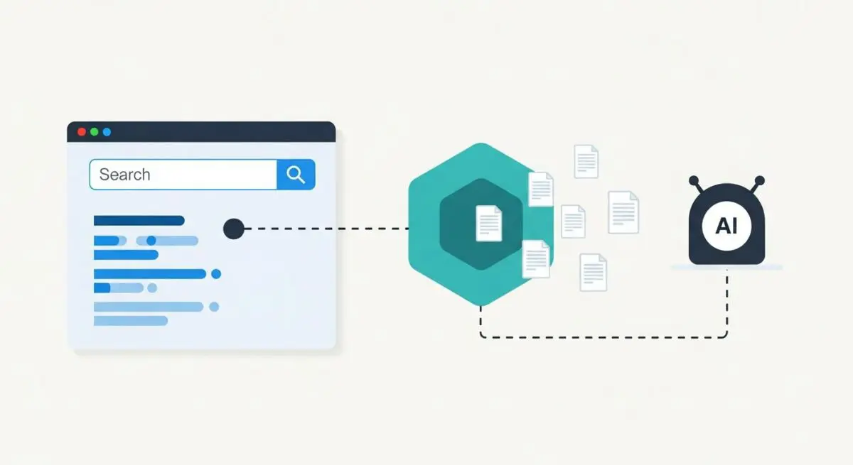 Search interface querying documents connected to an AI bot, illustrating Retrieval-Augmented Generation (RAG) principles.