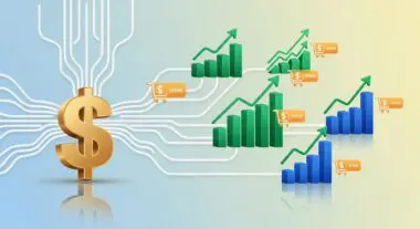 Golden dollar sign connected to ascending bar charts showing increasing revenue from ad spend, illustrating Return on Ad Spend (ROAS).