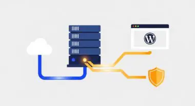 Diagram showing a server connected to a cloud, a WordPress site, and a shield, illustrating reverse proxy functionality.