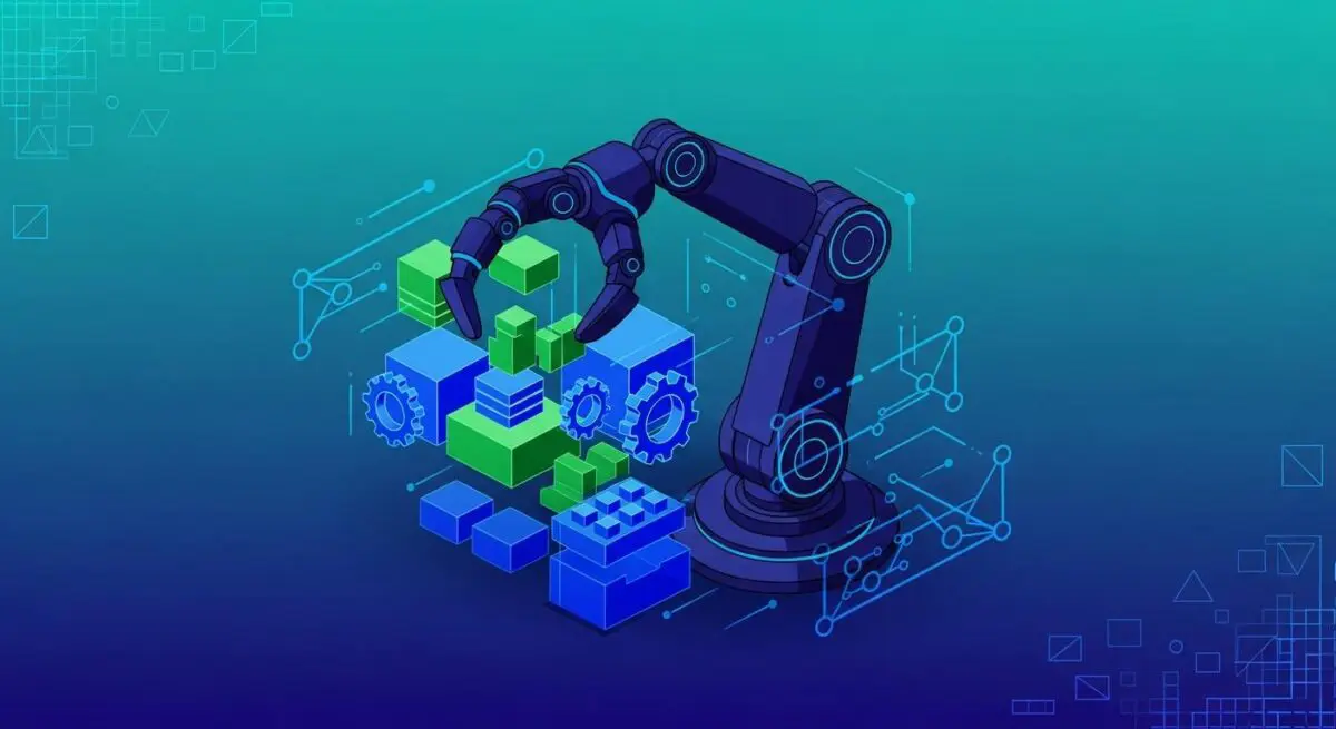 Robotic arm assembling blocks and gears, illustrating Robotic Process Automation.