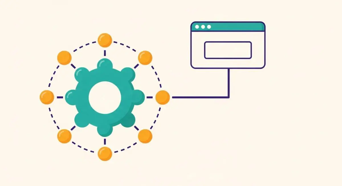 A teal gear with orange nodes connecting to a browser window, illustrating the root domain concept.