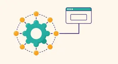 A teal gear with orange nodes connecting to a browser window, illustrating the root domain concept.