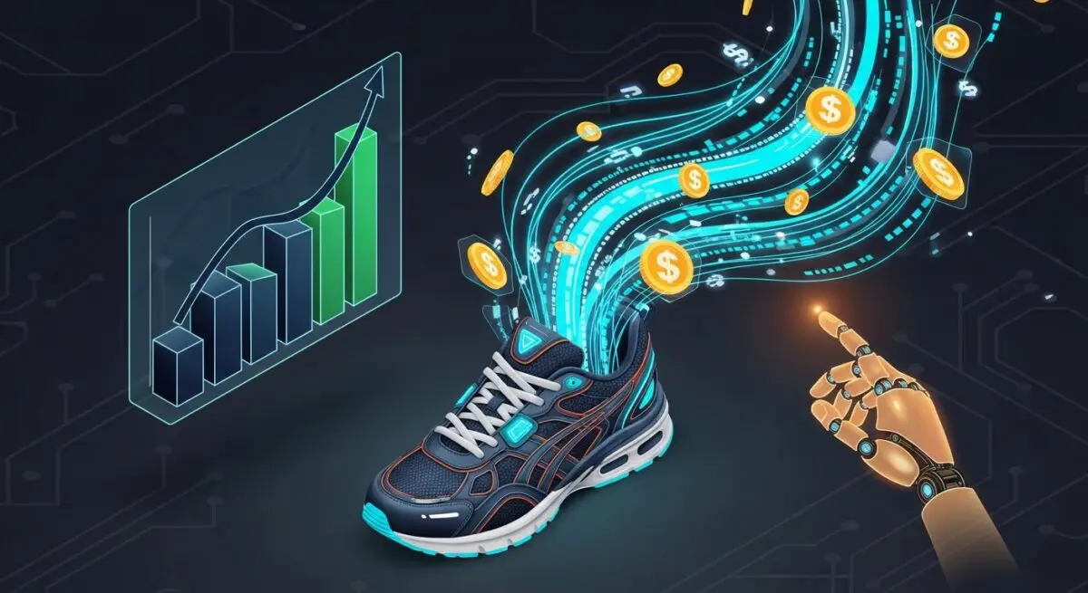 Runner's Fin-tech stack illustration with a shoe, rising graph, and digital currency flowing.