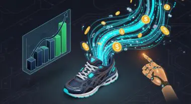 Runner's Fin-tech stack illustration with a shoe, rising graph, and digital currency flowing.