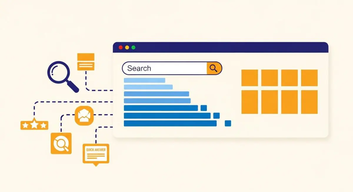 Illustration of search engine results page elements like quick answers and stars, representing SERP Features.