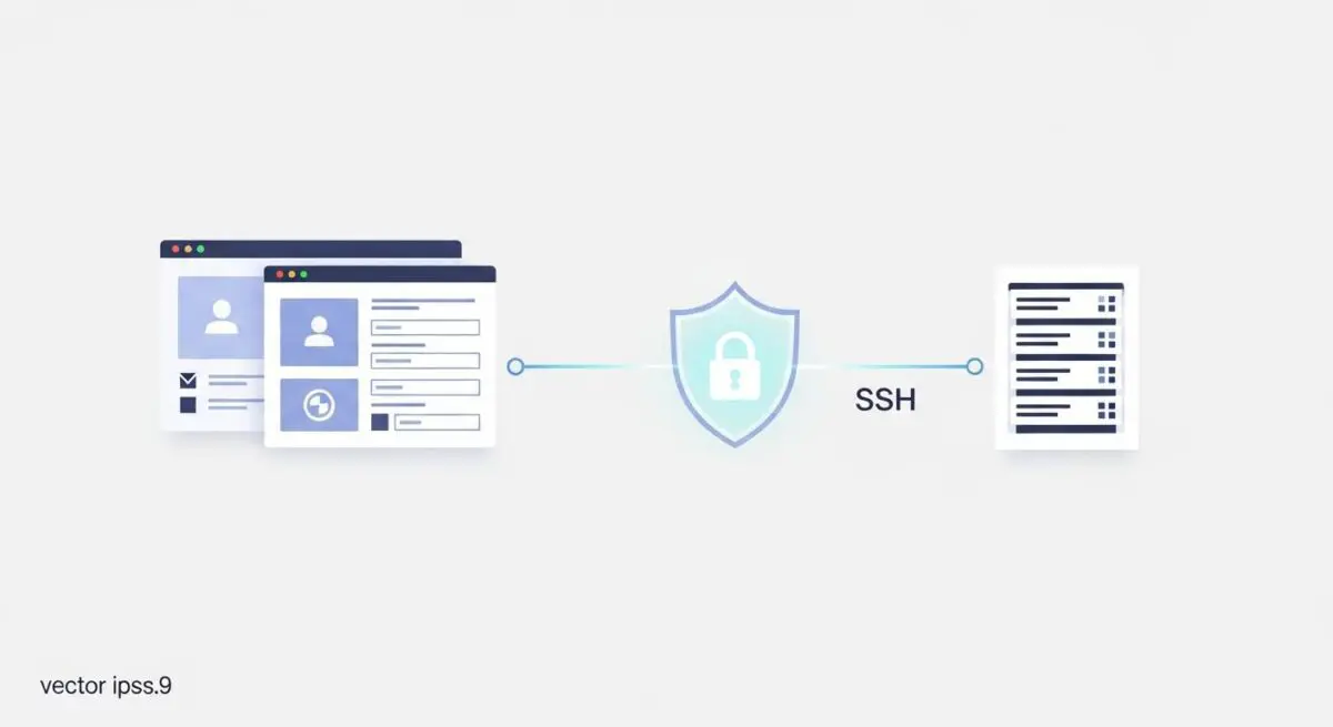 Illustration showing a secure connection via SSH protocol between web interfaces and server files, representing SFTP.