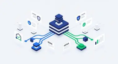 SIEM system connecting to GDPR and HIPAA compliance modules, illustrating regulatory adherence.