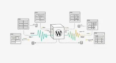 Diagram showing WordPress connecting to various data sources and services via SOAP protocols.