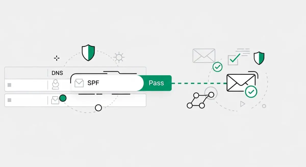 Diagram illustrating SPF record validation in DNS, showing a 'Pass' status for email authentication. By Andres SEO Expert.