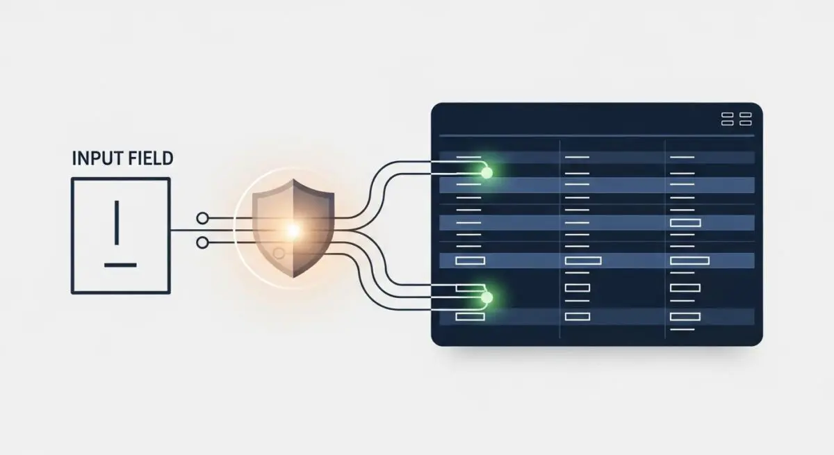 Shield protecting an input field from malicious SQL injection attacks into data tables.