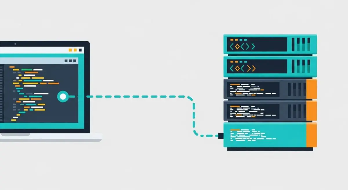A laptop screen displaying code connected by a dashed line to a stack of servers, representing SSH connection.
