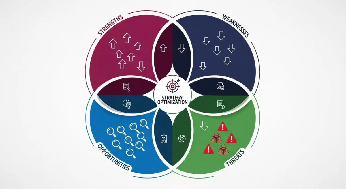 Diagram illustrating SWOT analysis: Strengths, Weaknesses, Opportunities, and Threats for strategy optimization.
