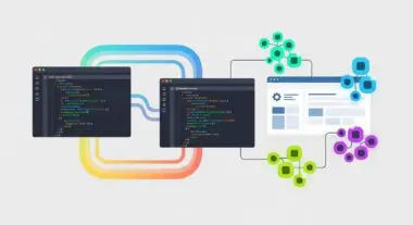 Conceptual representation of a Sage Theme in web development, showing code and interconnected modules.
