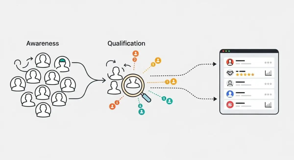 Sales Development Representative (SDR) process illustration: Awareness funneling into Qualification with a magnifying glass, then into a performance dashboard.