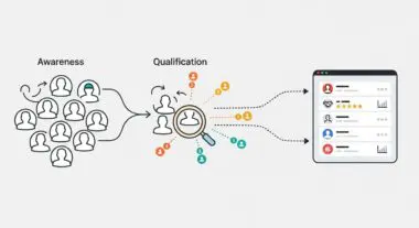 Sales Development Representative (SDR) process illustration: Awareness funneling into Qualification with a magnifying glass, then into a performance dashboard.
