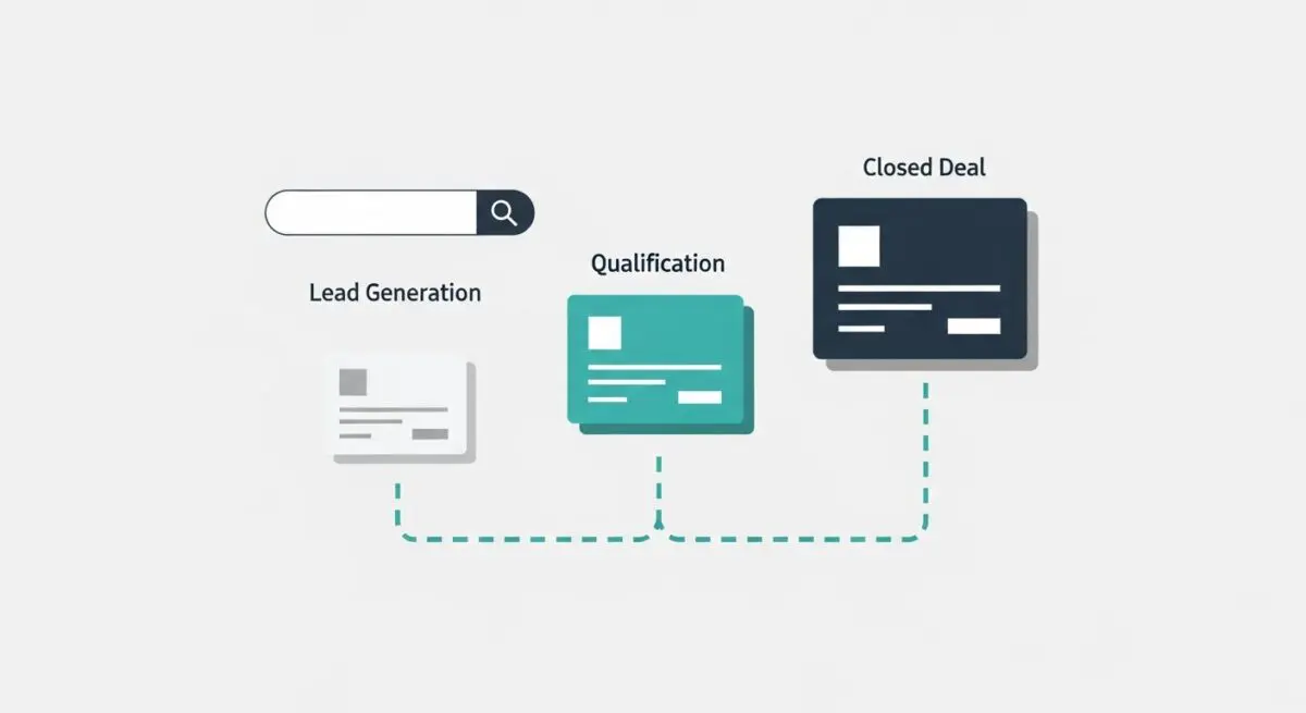 Diagram showing the stages of a sales pipeline: Lead Generation, Qualification, and Closed Deal.