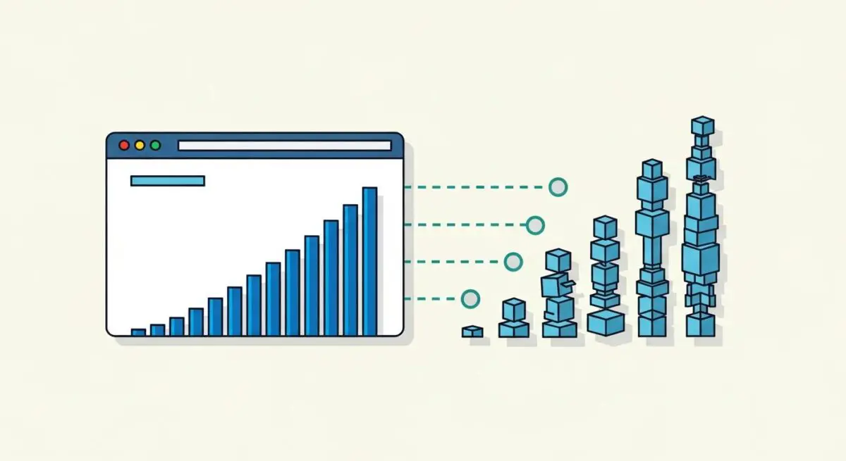 Bar graph inside a browser window shows growth, connecting to growing stacks of cubes, illustrating scalability.