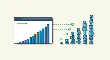 Bar graph inside a browser window shows growth, connecting to growing stacks of cubes, illustrating scalability.