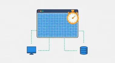 A stopwatch overlaid on a grid representing a webpage, with icons for a computer and database connected by dashed lines, illustrating script evaluation time.