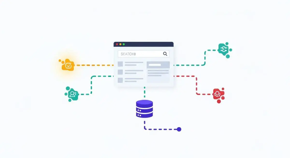 Diagram illustrating search query attribution with data flow to database and multiple user icons.