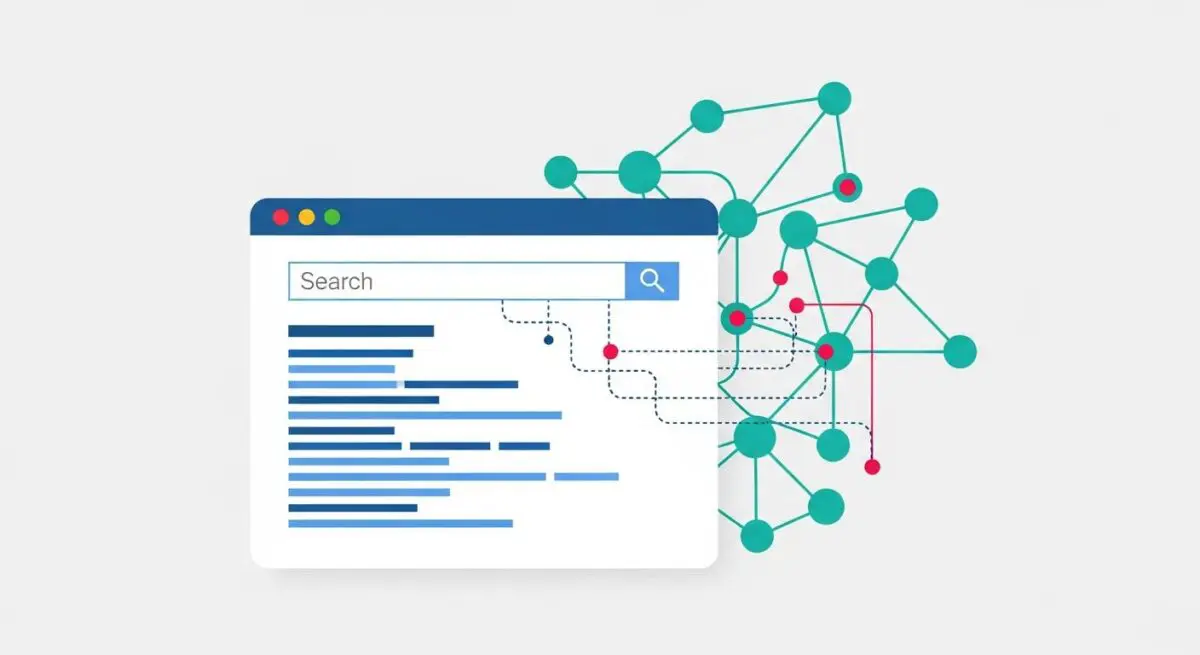 A search interface connects to a complex network, illustrating the Search Engine Algorithm's intricate workings.