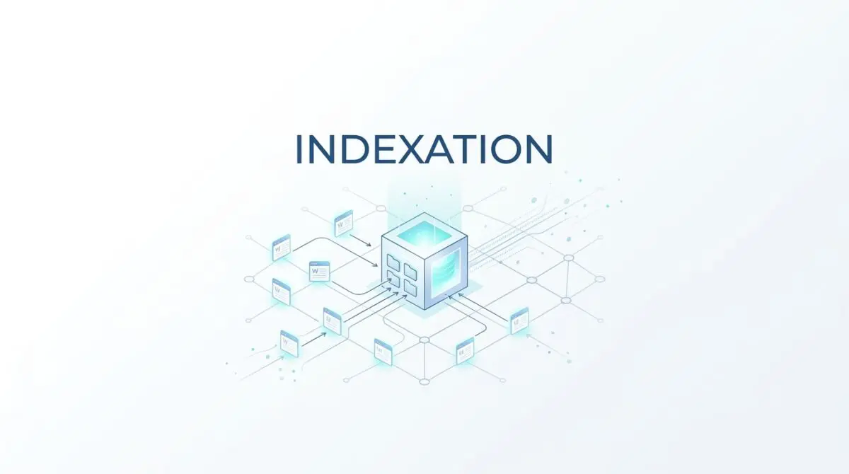 A digital illustration shows multiple web page icons feeding data into a central glowing cube representing search indexation.