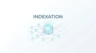 A digital illustration shows multiple web page icons feeding data into a central glowing cube representing search indexation.