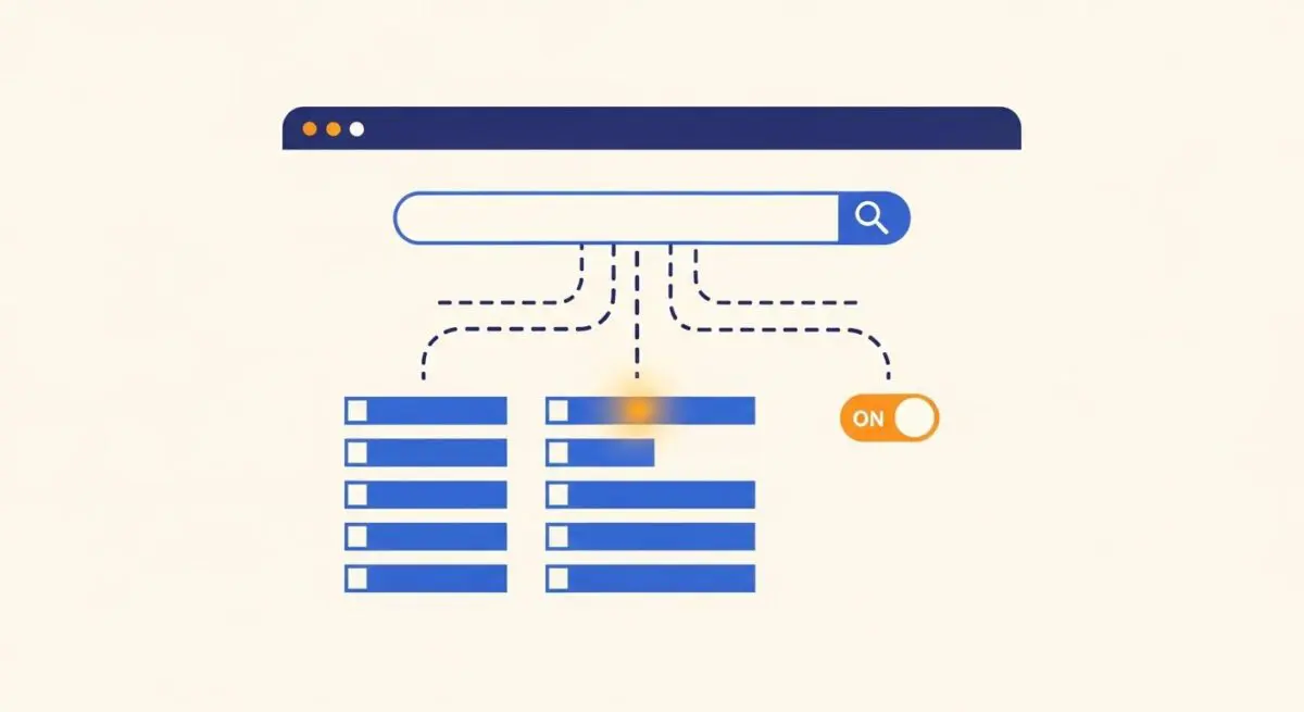Search bar connected to results and toggle switch, illustrating Search Engine Marketing principles.