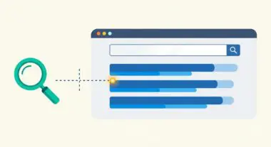 A magnifying glass highlights search intent on a stylized search engine results page with progress bars.