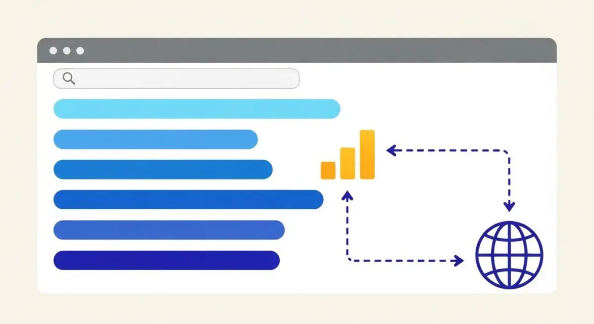 Graphic showing search bars, rising bar charts, and a globe icon, illustrating Search Volume analysis.
