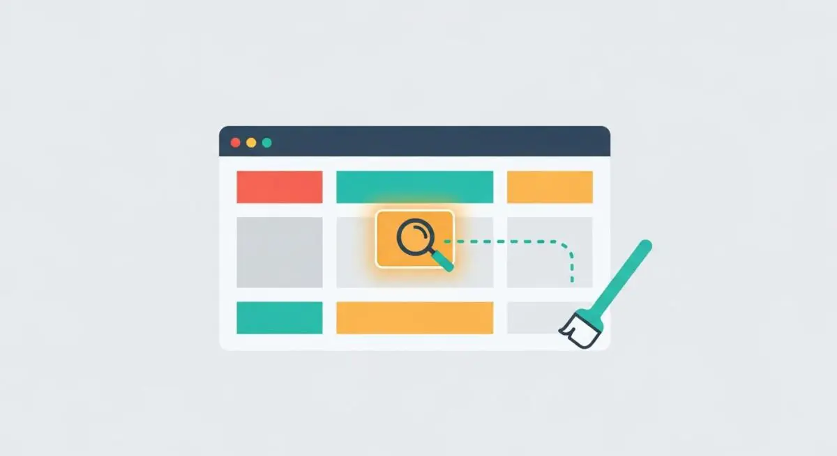 A magnifying glass icon on a browser window indicates a search, with a broom suggesting a site repaint for SEO.