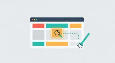 A magnifying glass icon on a browser window indicates a search, with a broom suggesting a site repaint for SEO.