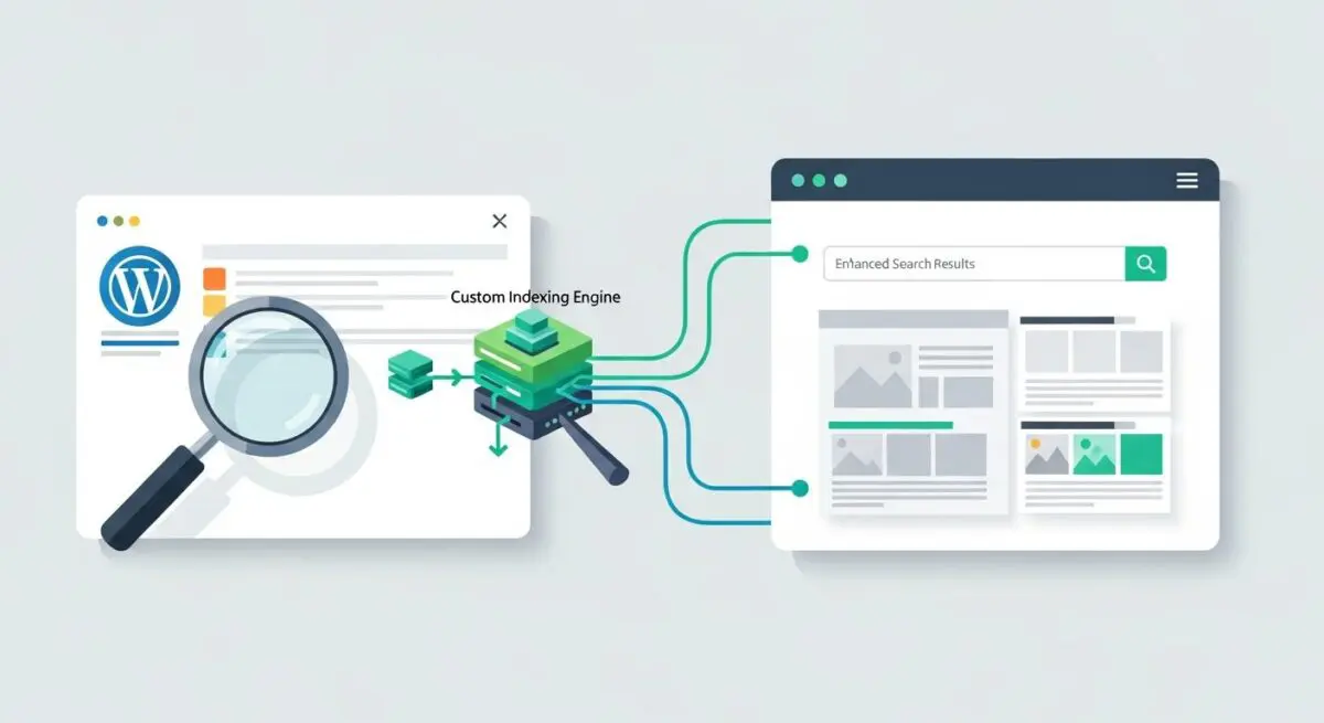 WordPress site data being processed by a custom indexing engine for enhanced SearchWP results.