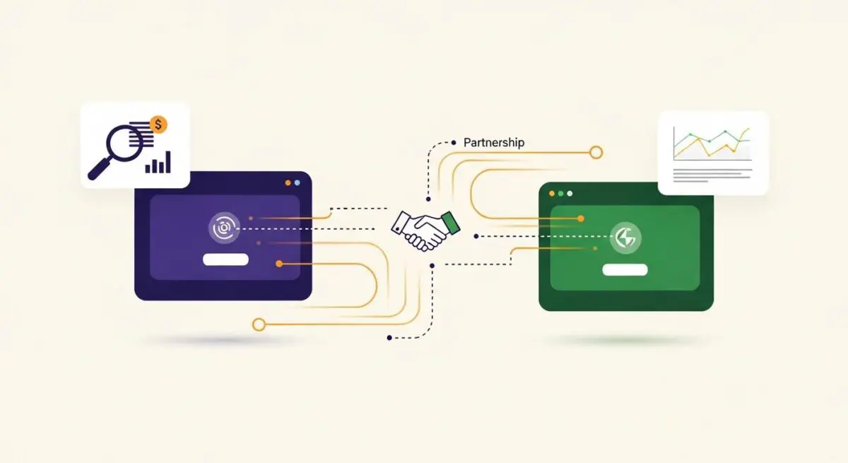 Two digital screens with graphs and icons connected by a handshake symbol, illustrating second-party data exchange through partnership.