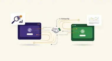 Two digital screens with graphs and icons connected by a handshake symbol, illustrating second-party data exchange through partnership.