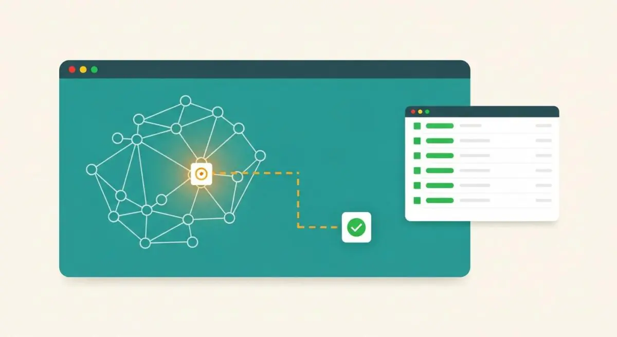 Network diagram with a central glowing node, connected by dashed lines to a checklist and a green checkmark, illustrating self-healing pipelines.