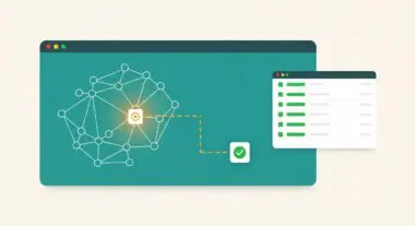 Network diagram with a central glowing node, connected by dashed lines to a checklist and a green checkmark, illustrating self-healing pipelines.