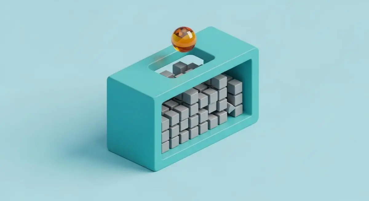 A glass sphere dropping into a container filled with grey cubes, symbolizing semantic caching strategies.