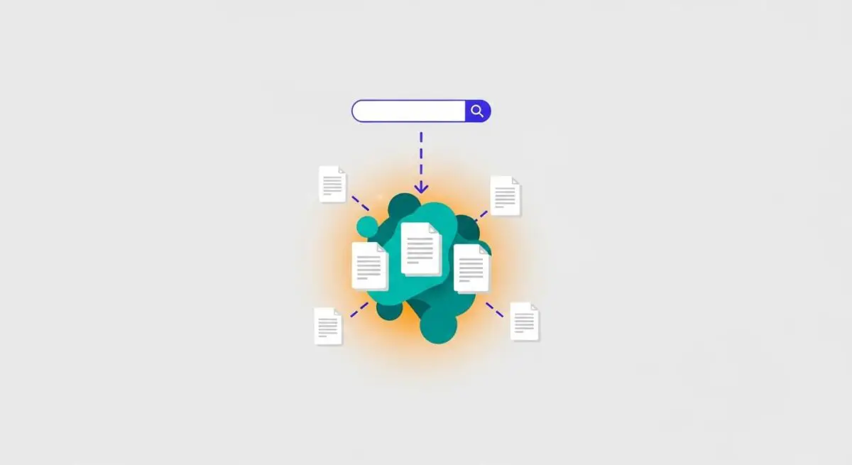 A search bar directs to documents clustered around a central abstract shape, illustrating semantic distance.