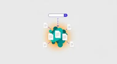 A search bar directs to documents clustered around a central abstract shape, illustrating semantic distance.