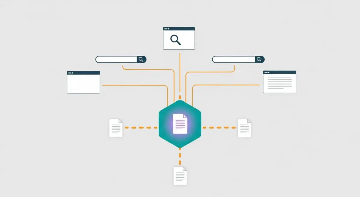 Diagram illustrating the connection of multiple search interfaces and documents to a central semantic meaning core.